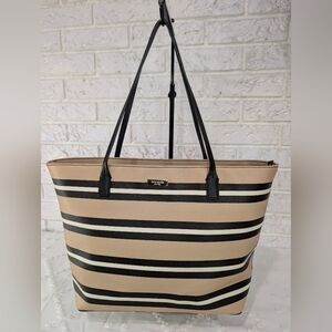 Kate Spade Shore Street Margareta Ottoman Stripe Tote Bag Purse Tan & Black Dust